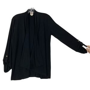 NWOT ANNE KLEIN Cardigan Duster Kimono Women S Black Open Drape Roll Tab Sleeve